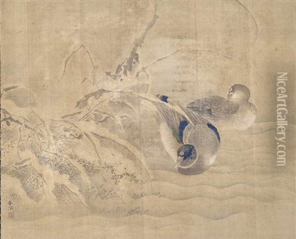 Entenpaar An Verschneitem Ufer Oil Painting - Haruki Nammei