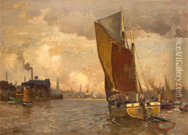 Einfahrt In Den Hamburger Hafen Oil Painting - Carl Becker