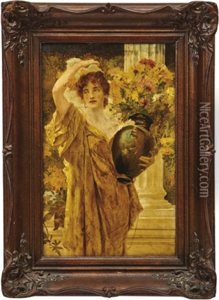 Junge Griechin Mit Blumenvase Vor Einer Saule Oil Painting - Conrad Kiesel