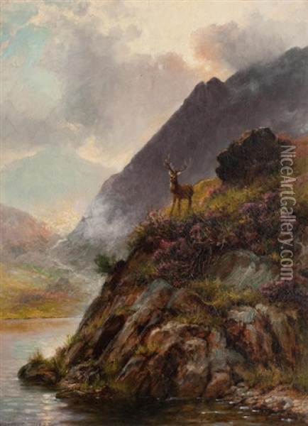 Stag In A Highland Landscape Oil Painting - Charles Stuart