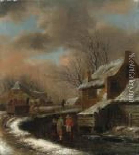A Winter Landscape With Peasants In A Village, Travellers In A Carton A Path Beyond Oil Painting - Claes Molenaar (see Molenaer)