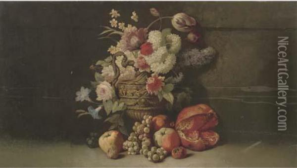 Summer Flowers In A Classical Jug, With Grapes, Apples And Apomegranite To The Side Oil Painting - Thomas Worsey