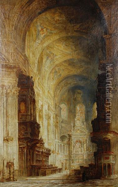 A Cathedral Interior Oil Painting - James Alphege Brewer