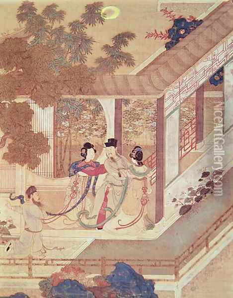 A romantic meeting, illustration from a traditional Chinese novel Oil Painting - Anonymous Artist