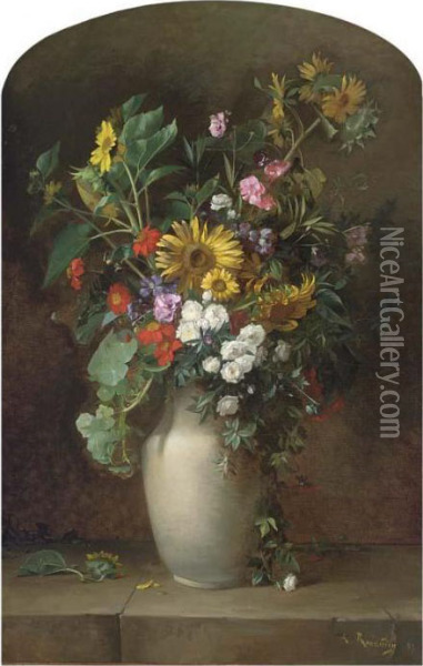 Sunflowers, Roses, And Other Summer Blooms In A Vase On A Stone Ledge Oil Painting - Alfred Renaudin