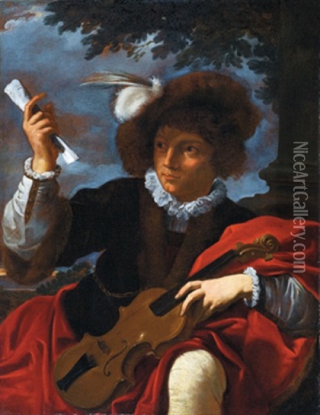Bildnis Eines Junglings Mit Bratsche - Ritratto Di Giovane Con Violino E Spartito Oil Painting - Pier Francesco Mola
