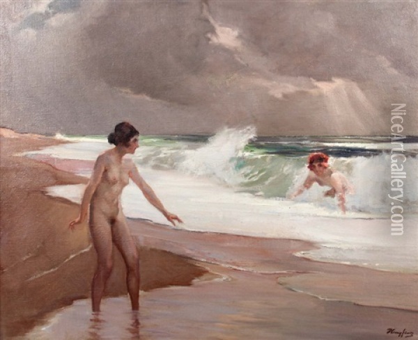 Zwei Badende Damenakte Am Strand Oil Painting - Wilhelm Hempfing