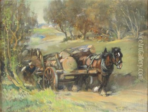 Horse And Cart Loaded With Logs Oil Painting - George Smith