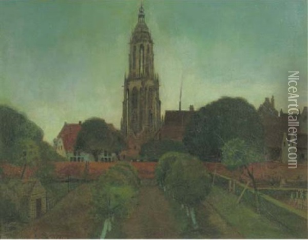 Oude Stadswal En Toren Van Rhenen Bij Avond: A View On Rhenen At Dusk Oil Painting - Eduard Karsen