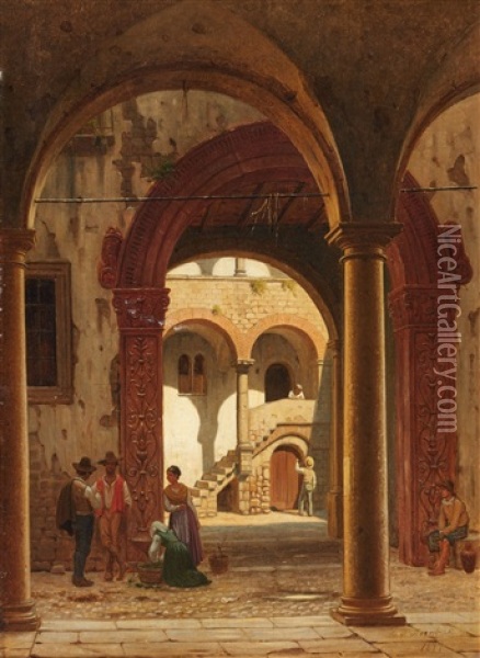 Figures In A Venetian Courtyard Oil Painting - Peter Kornbeck