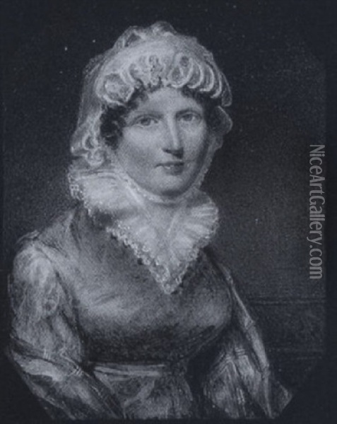 The Hon. Jean Rollo Wearing Pale Blue-green Dress With Frilled White Collar, White Bonnet Tied Beneath Her Chin And Mauve Shawl  Shot With Gold Braid Oil Painting - William John (Sir) Newton