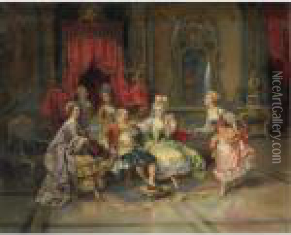 Louis Xv In The Throne Room Oil Painting - Cesare-Auguste Detti
