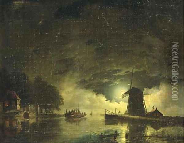 A ferry crossing by moonlight Oil Painting - Hendrik Gerrit ten Cate