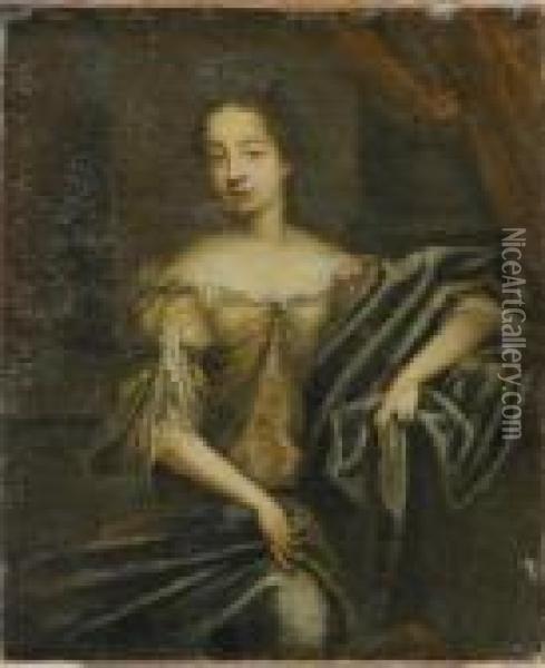 Portrait Of A Lady In An Embroidered Silk Dress Oil Painting - Caspar Netscher