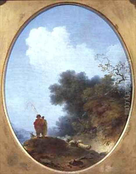 A Shepherd Playing the Flute Whilst a Peasant Girl Listens Oil Painting - Jean-Honore Fragonard