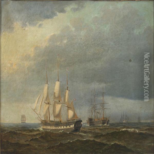 Marine With Sailing- Andwarships Oil Painting - Carl Olsen