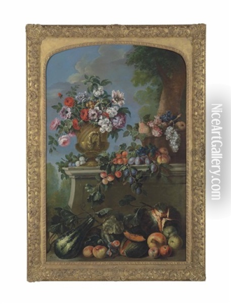 Roses, Peonies And Other Flowers In An Urn, Grapes And Peaches In A Basket On A Ledge, With Further Overflowing Fruit Oil Painting - Pierre Nicolas Huilliot