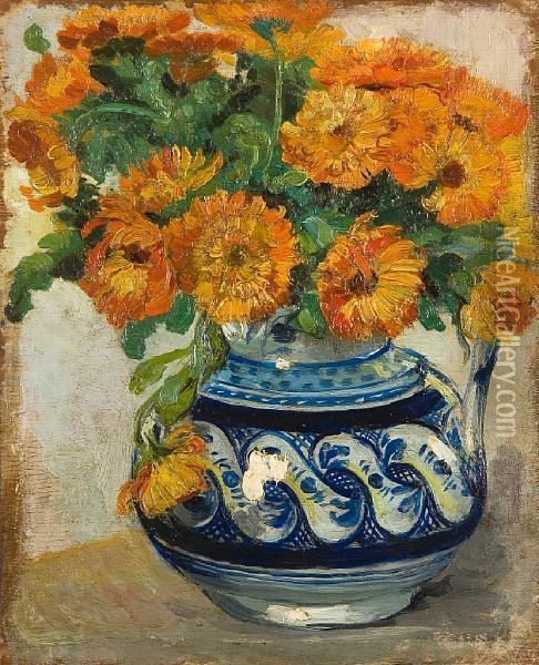 Still Life Of Marigolds In A Westerwald Jug Oil Painting - Vincent Van Gogh