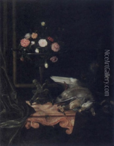 Still Life With Game And A Compote Of Flowers Oil Painting - Georges Croegaert