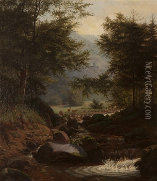 Deer In A Forest Landscape Oil Painting - Hermann Herzog