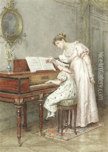 The Young Pianist; Father's Return One Oil Painting - George Goodwin Kilburne