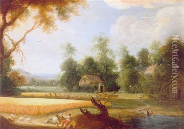Landschaft Mit Kornfeld Und Rastender Bauern Oil Painting - Lambert de Hondt
