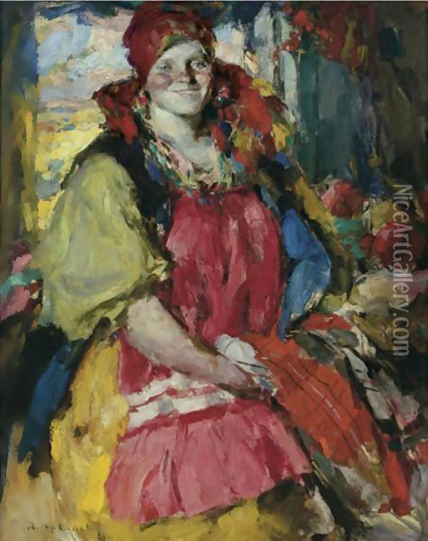 Girl With Apples Oil Painting - Abram Efimovich Arkhipov