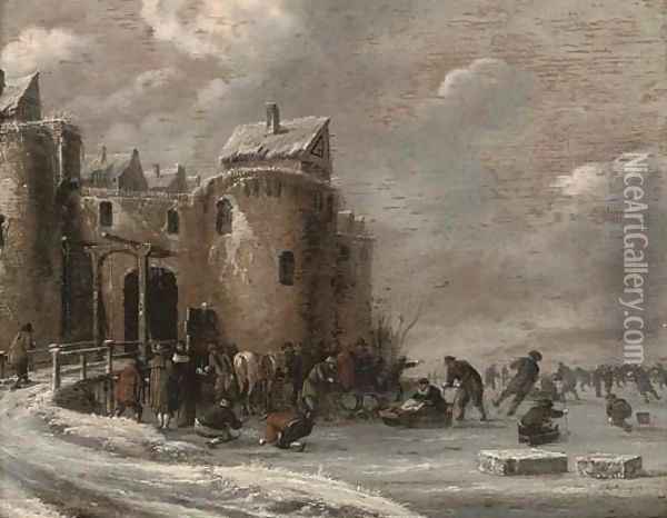 A frozen winter landscape with skaters by a fortified town gate Oil Painting - Thomas Heeremans