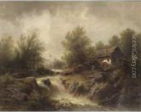 A Watermill In A Mountainous Landscape. Oil Painting - Albert Rieger