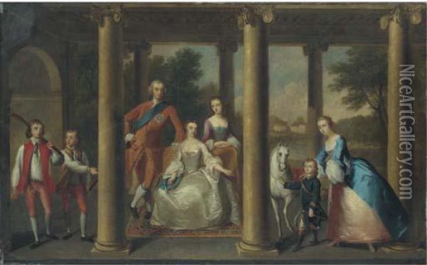 Portrait Of The Family Of The 3rd Duke Of Marlborough, A Landscape Beyond Oil Painting - Thomas Hudson