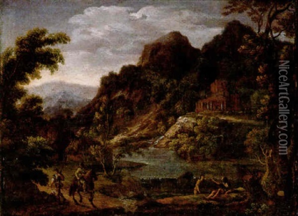 Sportsmen On A Track Near A Waterfall, A Castle Beyond, In An Italianate Landscape Oil Painting - Hendrick Frans van Lint