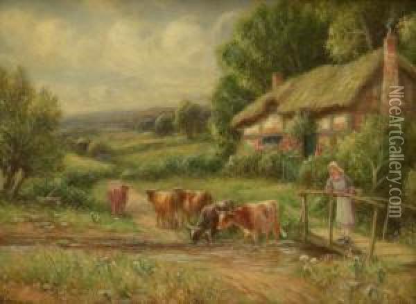 Cattle Watering By A Thatched Cottage Oil Painting - Robert John Hammond