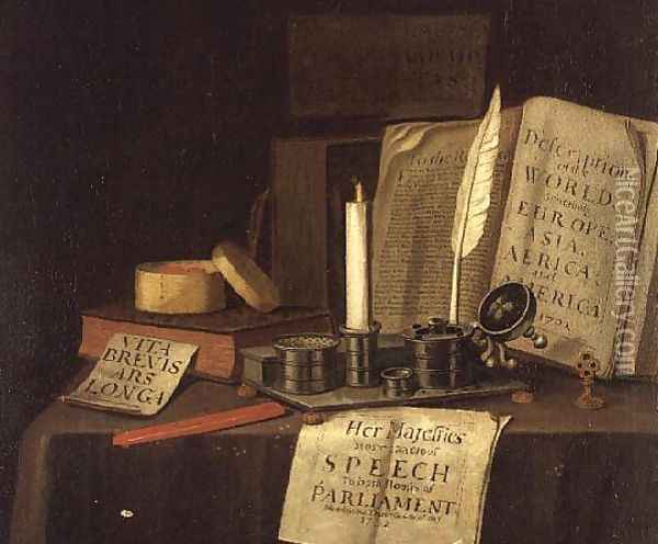 Still Life with Inkstand and Books, 1702 Oil Painting - Edwart Collier