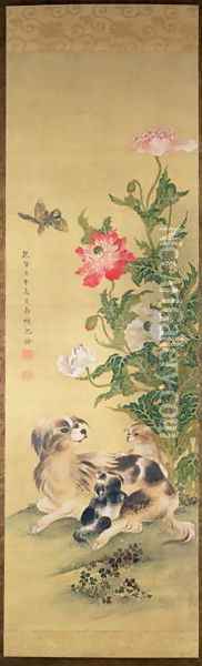 Dogs and Peony, Qing Dynasty Oil Painting - Shen Quan