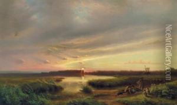Abendlandschaft Mit Einem See Und Hirten Oil Painting - Karl Robert Kummer