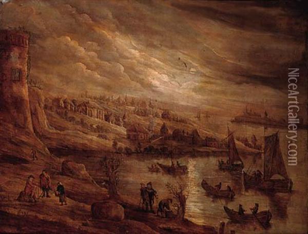 An Extensive River Landscape With Anglers On A Track, A Villagebeyond Oil Painting - David The Younger Teniers