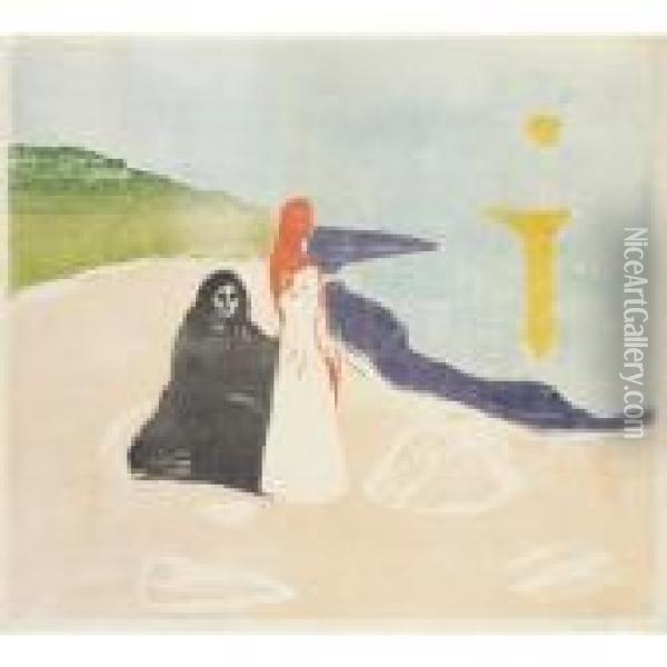 Two Women On The Shore (woll 133 Vi 2, Schiefler 117) Oil Painting - Edvard Munch