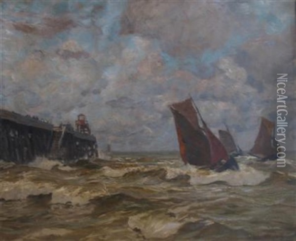 Boats By A Pier Oil Painting - Carl (Karl, Charles) O'Lynch of Town