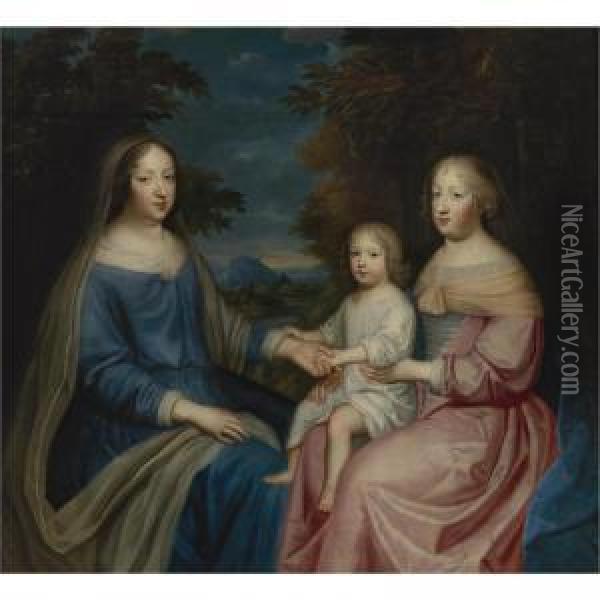 A Portrait Of Anne Of Austria 
With Marie-therese Of Spain Holding Louis, The Grand Dauphin Oil Painting - Charles Beaubrun