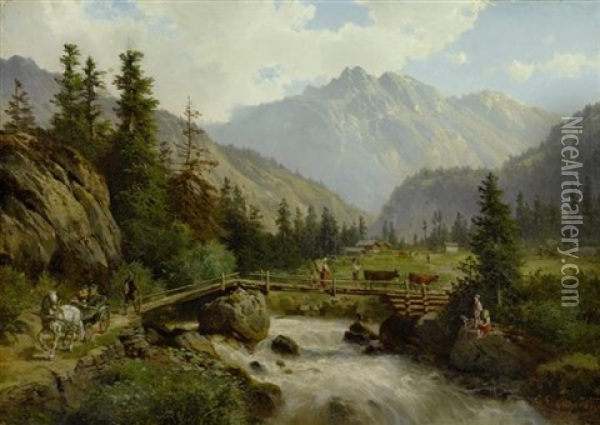 Idyllische Berglandschaft Mit Reisenden Oil Painting - Georg Engelhardt