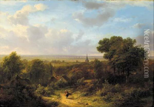 Panoramic Summer Landscape With A Woodgatherer On A Sandytrack Oil Painting - Pieter Lodewijk Francisco Kluyver