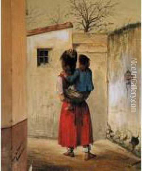 Jeune Femme Et Enfant Sur Son Dos. Oil Painting - Osmond Romieux