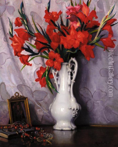 Still Life With Gladioli Oil Painting - Mikhail Viktorovic Rundalijzeff