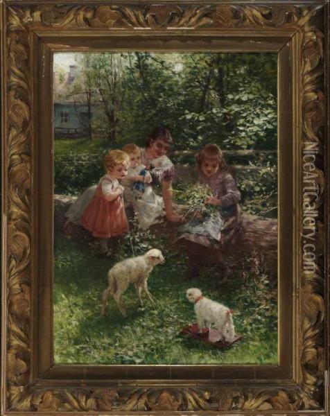 Spielende Kinder Im Garten. Oil Painting - Hermann Neuber