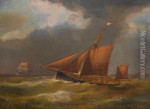 A Gaff-rigged Ketch Of The Royal Yacht Squadron In A Swell, With An Approaching Merchantman Off Her Starboard Bow Oil Painting - Henry Sargant Storer