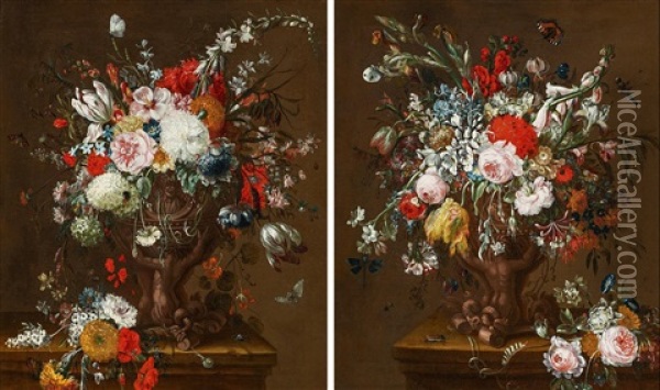 Zwei Gemalde: Grose Blumenstilllen Mit Insekten Und Schmetterlingen Oil Painting - Johann Georg Pickhardt the Elder