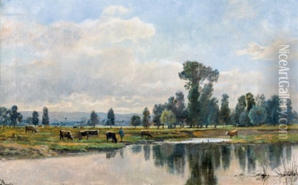 Sommerliche Flusslandschaft Mit Hirten Und Kuhen Oil Painting - Charles Joseph Beauverie