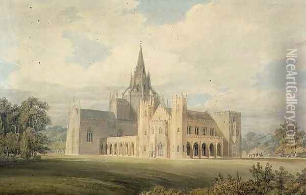 Perspective View of Fonthill Abbey from the South West, c.1799 Oil Painting - Joseph Mallord William Turner