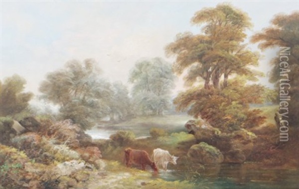 Cows In Landscape Oil Painting - Joseph Barker