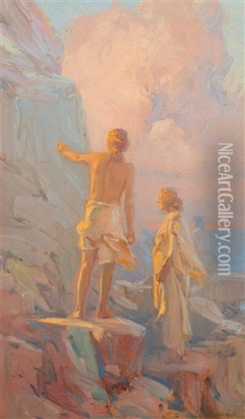 Storyteller Of The Cliffs Oil Painting - Gerald Cassidy